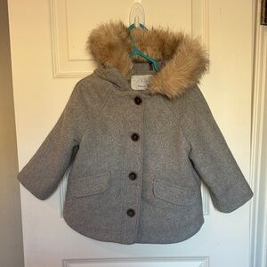 Zara Kids Gray Pea Coat with Faux Fur Hood